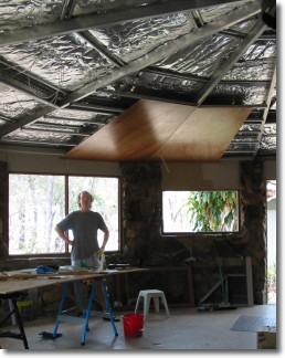 roof installed, ceiling begun